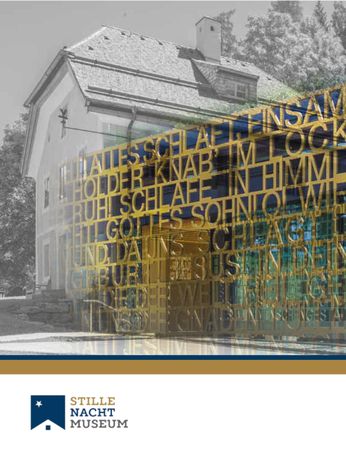 Cover des Museumsführers zum Stille-Nacht-Museums Wagrain. Es zeigt eine Überblendung eines schwarz-weißen Bildes des Pflegerschlössls mit dem goldenen Schriftzugs des modernen Vorbaus. 